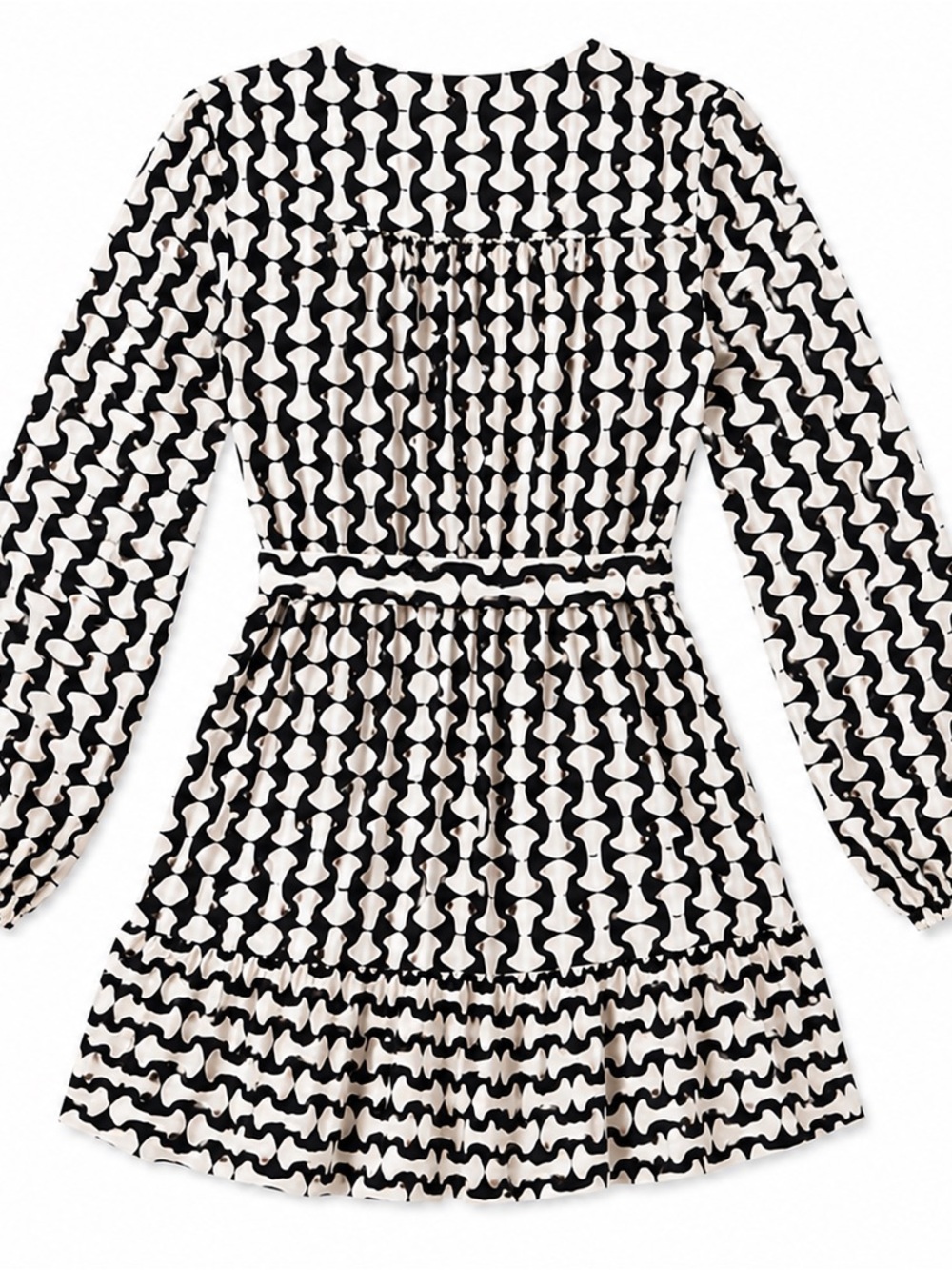 Jessica Simpson Black and Ivory Printed Long-Sleeve Boho Mini Dress Size Medium - Picture 4 of 5